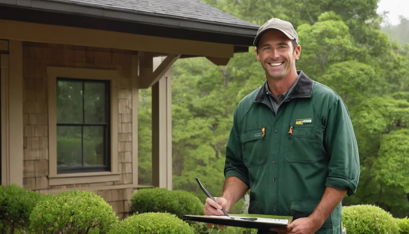 A friendly pest control provider talking with a homeowner outside a wood-frame house in Bremerton